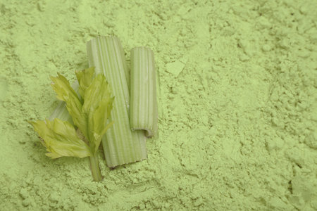 Fresh stalks on natural celery powder, above view. Space for textの写真素材