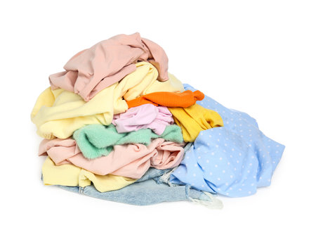 Pile of colorful clothes isolated on whiteの写真素材