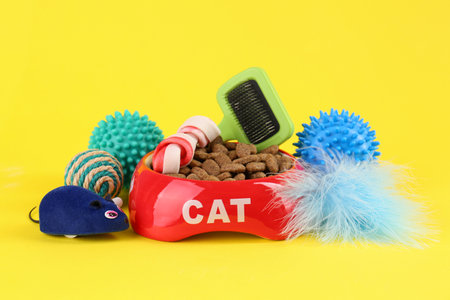 Bowl of dry food, brush and toys on yellow background. Pet shop goodsの写真素材