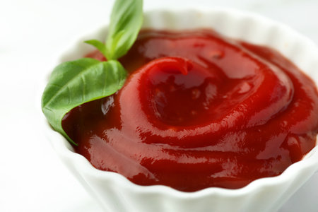 Bowl of tasty ketchup and basil on white table, closeupの写真素材