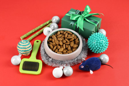 Different pet goods with Christmas gift on red background. Shop assortmentの写真素材