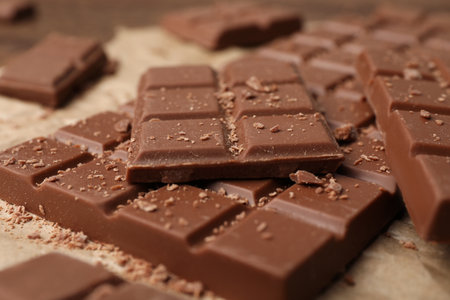 Pieces and crumbs of tasty chocolate bars on parchment paper, closeupの写真素材