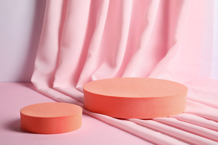 Round stands on light table. Stylish presentation for productの写真素材