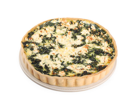Delicious homemade spinach quiche isolated on whiteの写真素材
