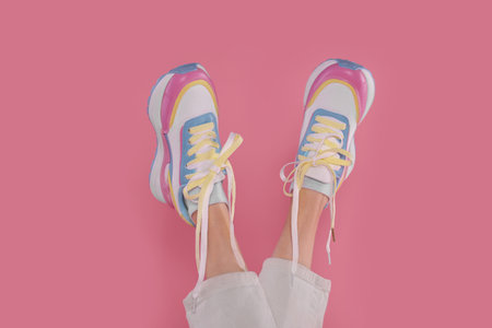 Woman wearing pair of new stylish sneakers on pink background, closeupの写真素材
