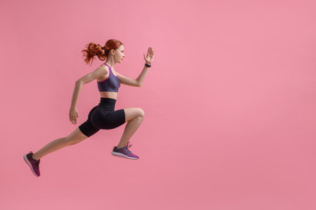 Young woman in sportswear jumping on pink background, space for textの写真素材