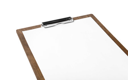 Wooden clipboard with sheet of paper isolated on white. Space for textの写真素材