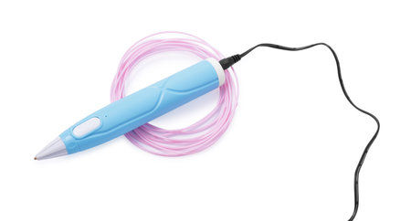 Stylish 3D pen and pink plastic filaments on white backgroundの写真素材