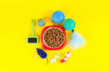 Bowl of dry food, brush and toys on yellow background, flat lay. Pet shop goodsの写真素材