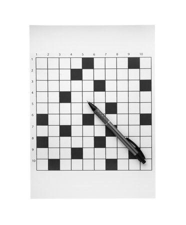 Blank crossword and pen on white background, top viewの写真素材