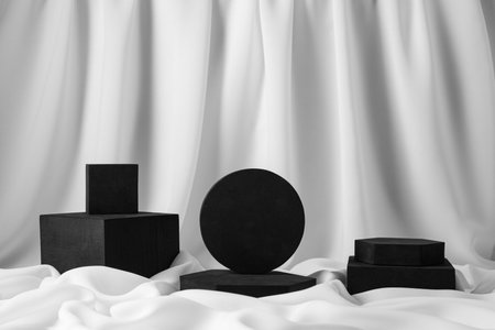 Black geometric figures on white fabric. Stylish presentation for productの写真素材