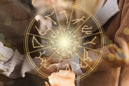 Horoscope compatibility. Loving couple and zodiac wheelの写真素材