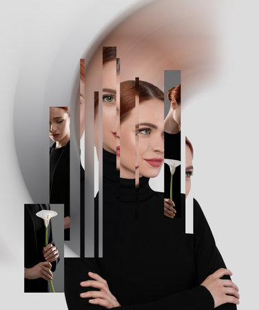 Hallucinations. Woman on white background, distorted imageの写真素材