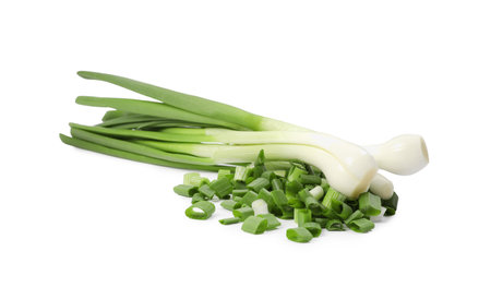 Whole and chopped green onion isolated on whiteの写真素材