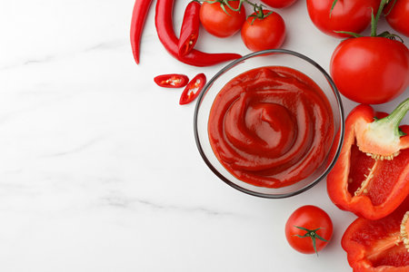 Bowl of tasty ketchup, tomatoes and peppers on white marble table, flat lay. Space for textの写真素材