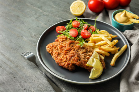 Tasty schnitzels served with potato fries, tomatoes and arugula on gray table, closeupの写真素材