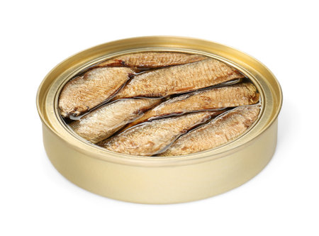 One tin can of sprats isolated on whiteの写真素材