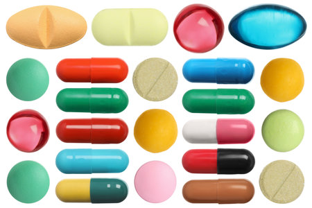 Set of different pills isolated on white