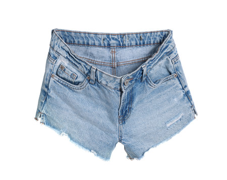 Stylish light blue denim shorts isolated on whiteの写真素材
