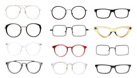 Set with different eyeglasses isolated on whiteの写真素材