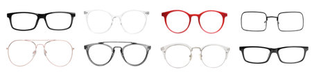Set with different eyeglasses isolated on whiteの写真素材