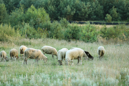 Many beautiful sheep grazing on pasture. Farm animalの写真素材