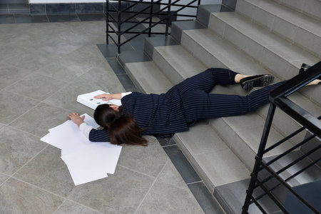 Unconscious woman with scattered folder and papers lying on the floor after falling down stairs indoorsの写真素材