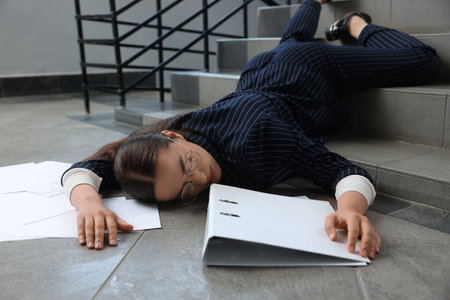 Unconscious woman with scattered folder and papers lying on the floor after falling down stairs indoorsの写真素材