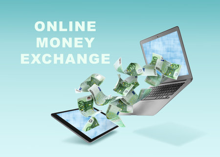 Online money exchange. Euro banknotes flying between laptop and tablet on color backgroundの写真素材