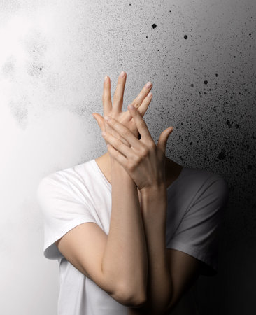 Hallucinations. Woman can't find her head. She putting hands to empty space where her face must be