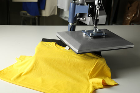 Printing  . Heat press with yellow t-shirt on white table, space for textの写真素材