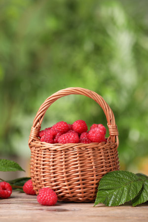 Wicker basket with tasty ripe raspberries and leaves on wooden table against blurred green...