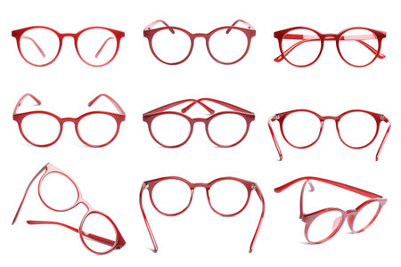Collage with glasses isolated on white, different sidesの写真素材