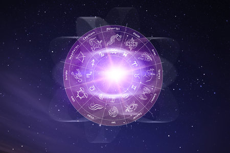 Zodiac wheel with astrological signs around bright star in open space, illustrationの写真素材