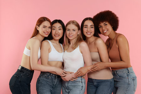 Portrait of beautiful young women on pink backgroundの写真素材