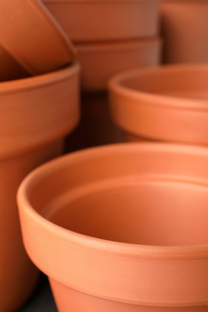Many clay flower pots as background, closeupの写真素材
