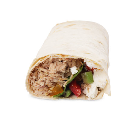Delicious tortilla wrap with tuna isolated on whiteの写真素材