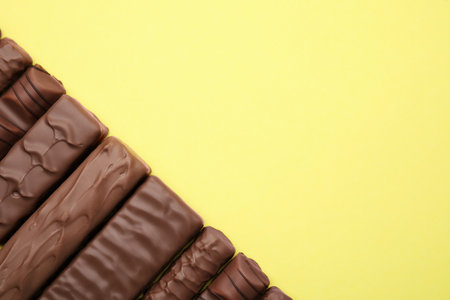 Different tasty chocolate bars on yellow background, flat lay. Space for textの写真素材