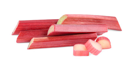 Cut fresh ripe rhubarb isolated on whiteの写真素材