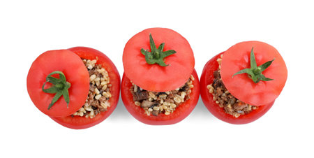 Delicious stuffed tomatoes with minced beef, bulgur and mushrooms isolated on white, top viewの写真素材