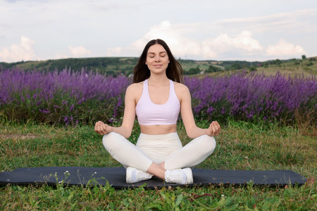 Smiling woman practicing yoga near lavender outdoorsの写真素材