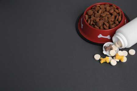 Bottle with vitamins and dry pet food in bowl on gray background, above view. Space for textの写真素材