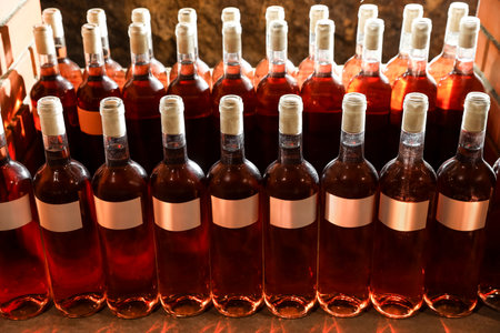Many bottles of red wine on shelf, closeup