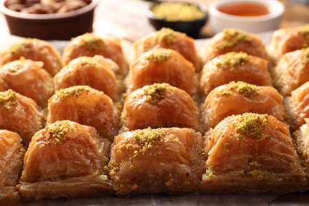 Delicious sweet baklava with pistachios on table, closeupの写真素材