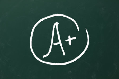 School grade. Letter A with plus symbol on green chalkboardの写真素材
