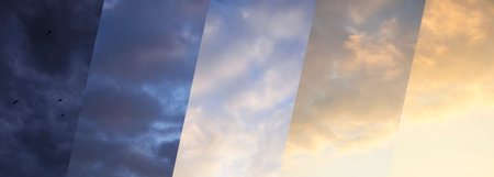 Photos of sky during different weather, collage. Banner design. Meteorology, forecast, climate changeの写真素材