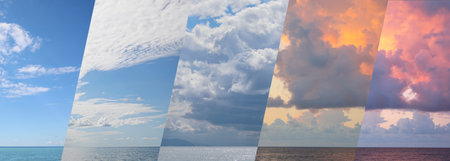 Photos of sky over sea during different weather, collage. Banner design. Meteorology, forecast,...