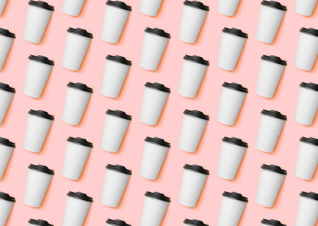 To-go drink. Pattern design with paper coffee cup on pink backgroundの写真素材