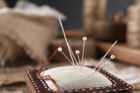 Pincushion with sewing needles and pins, closeup