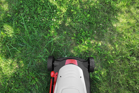 Cutting green grass with lawn mower in garden, top view. Space for textの写真素材